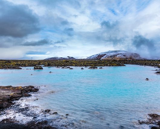 Panoramic photograph of the Blue Lagoon in Iceland. 