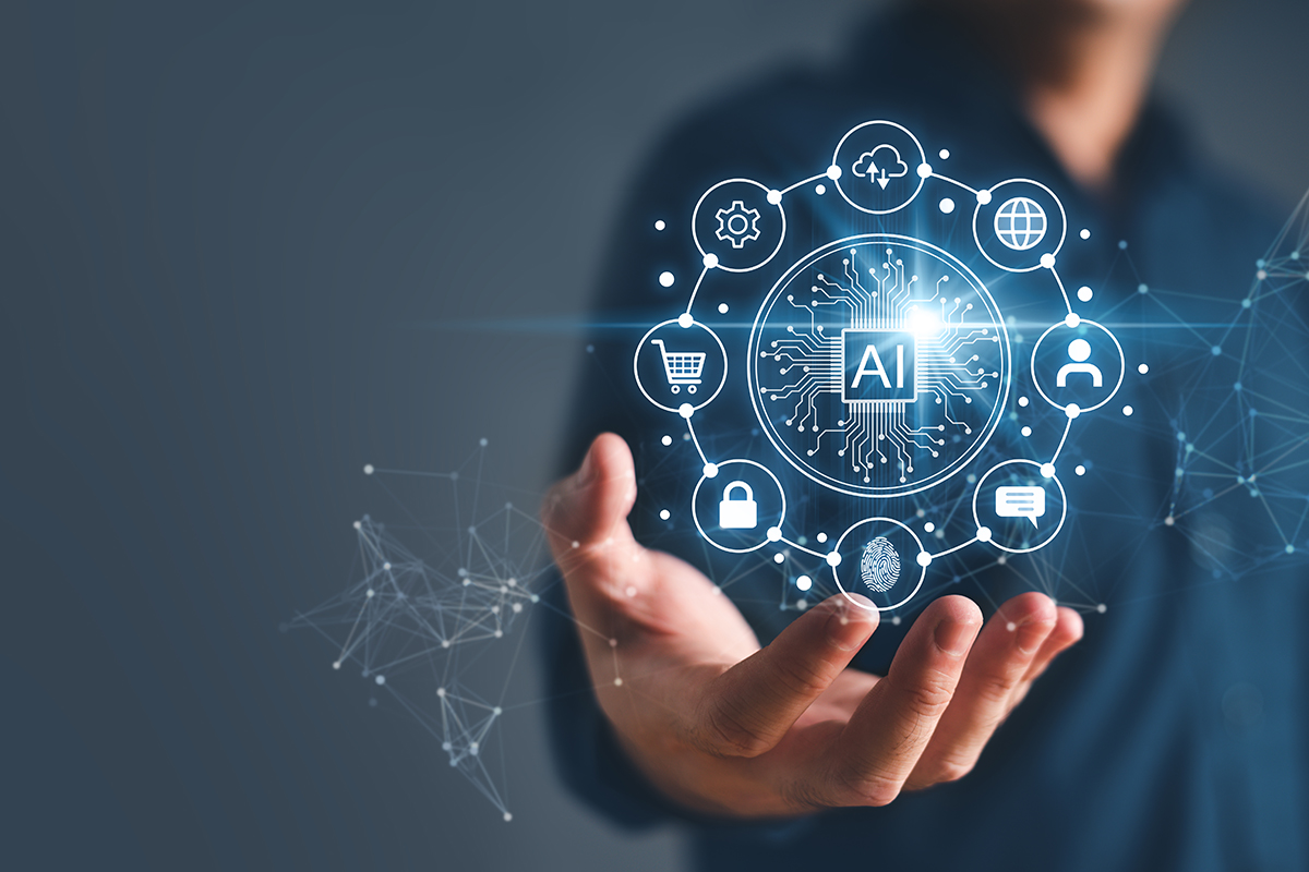Hand holding a sphere with different logos: world, padlock, a footprint, etc. In the center the logo of a microchip that says AI. 