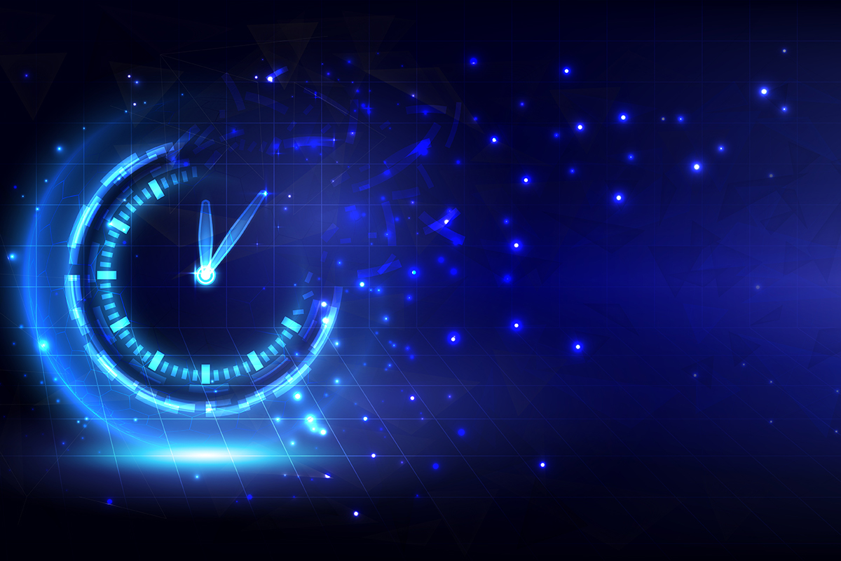Abstract concept of time, represented by a clock with hands that disintegrates into small blue lights.