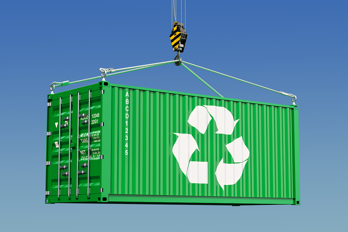 Cargo container concept with recycling logo.