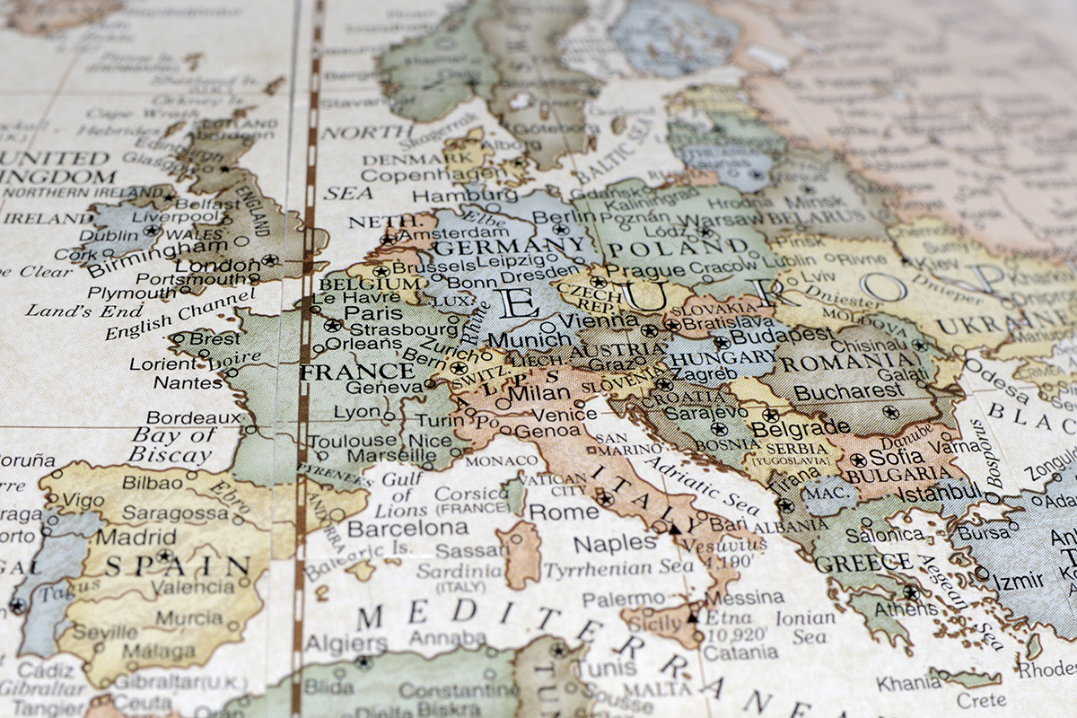 A close-up/macrophotograph of Europe from a desktop globe. Adobe RGB color profile.
