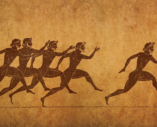 Pintura griega antigua que muestra a un grupo de hombres en una carrera.